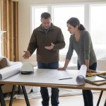 Artisan et propriétaire discutant de travaux de rénovation dans une maison.