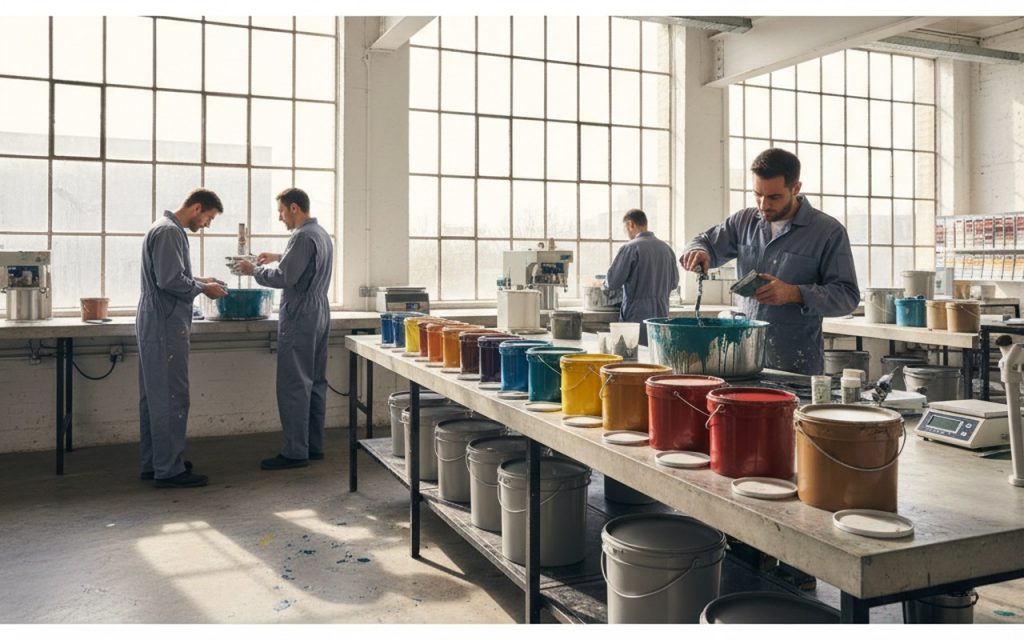 Atelier de peinture moderne avec des professionnels utilisant des produits Maestria.