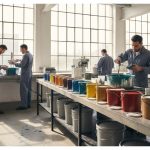 Atelier de peinture moderne avec des professionnels utilisant des produits Maestria.