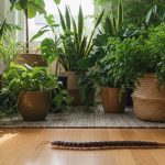 Un mille-pattes sur un sol en bois, entouré de plantes d'intérieur.