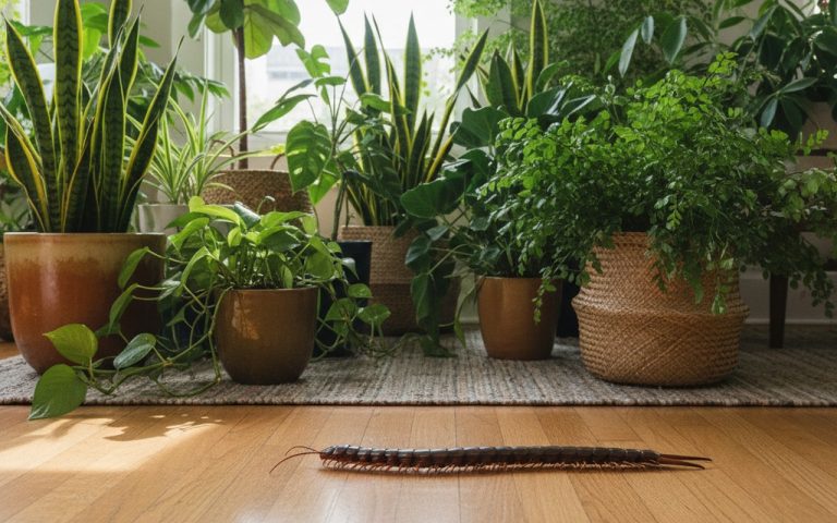Un mille-pattes sur un sol en bois, entouré de plantes d'intérieur.