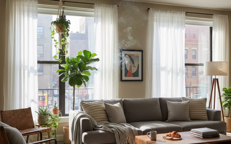 Intérieur d'un appartement moderne avec fenêtres ouvertes, suggérant une odeur de cannabis.