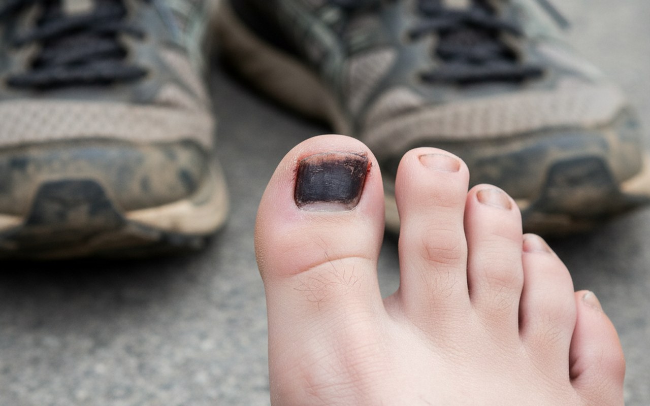 Gros plan sur un ongle de pied noir, illustrant les causes non traumatiques.