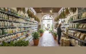 Magasin de jardinage en Espagne avec désherbants chimiques et naturels en rayon.