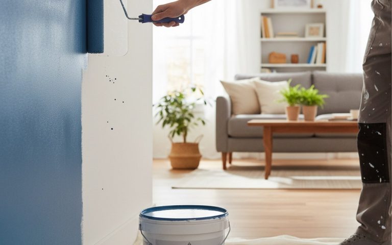 Un bricoleur utilise de la peinture Spectrum dans un intérieur lumineux.