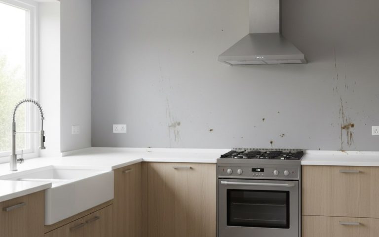 Cuisine moderne avec peinture lessivable, montrant des éclaboussures de graisse sur les murs.