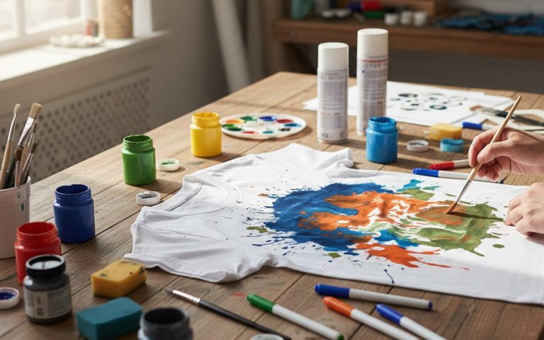 Personnalisation d'un tee-shirt avec peinture textile sur une table de travail créative.