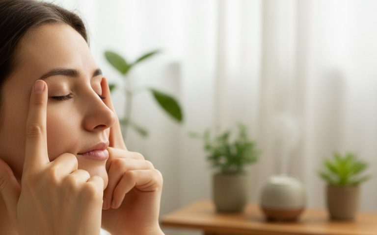 Personne pratiquant l'acupression sur le visage pour soulager la congestion sinusale.