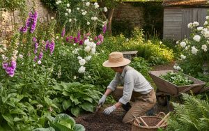 Un jardinier utilise du purin de consoude pour nourrir ses plantes dans un jardin verdoyant.