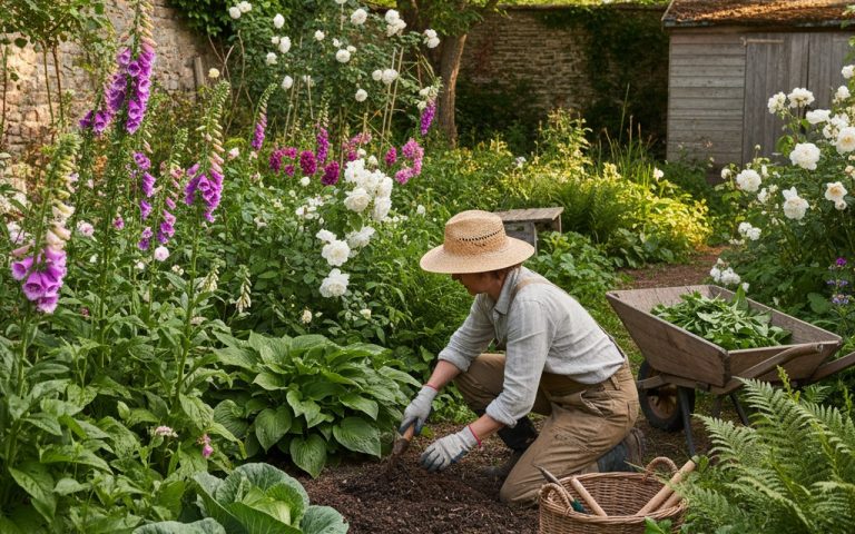 Un jardinier utilise du purin de consoude pour nourrir ses plantes dans un jardin verdoyant.