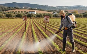 Agriculteur espagnol appliquant du glyphosate dans un champ avec des panneaux de réglementation.