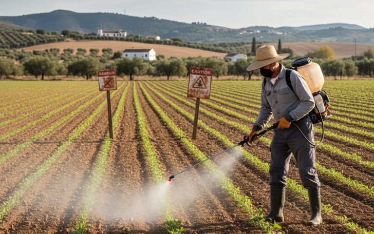 Agriculteur espagnol appliquant du glyphosate dans un champ avec des panneaux de réglementation.