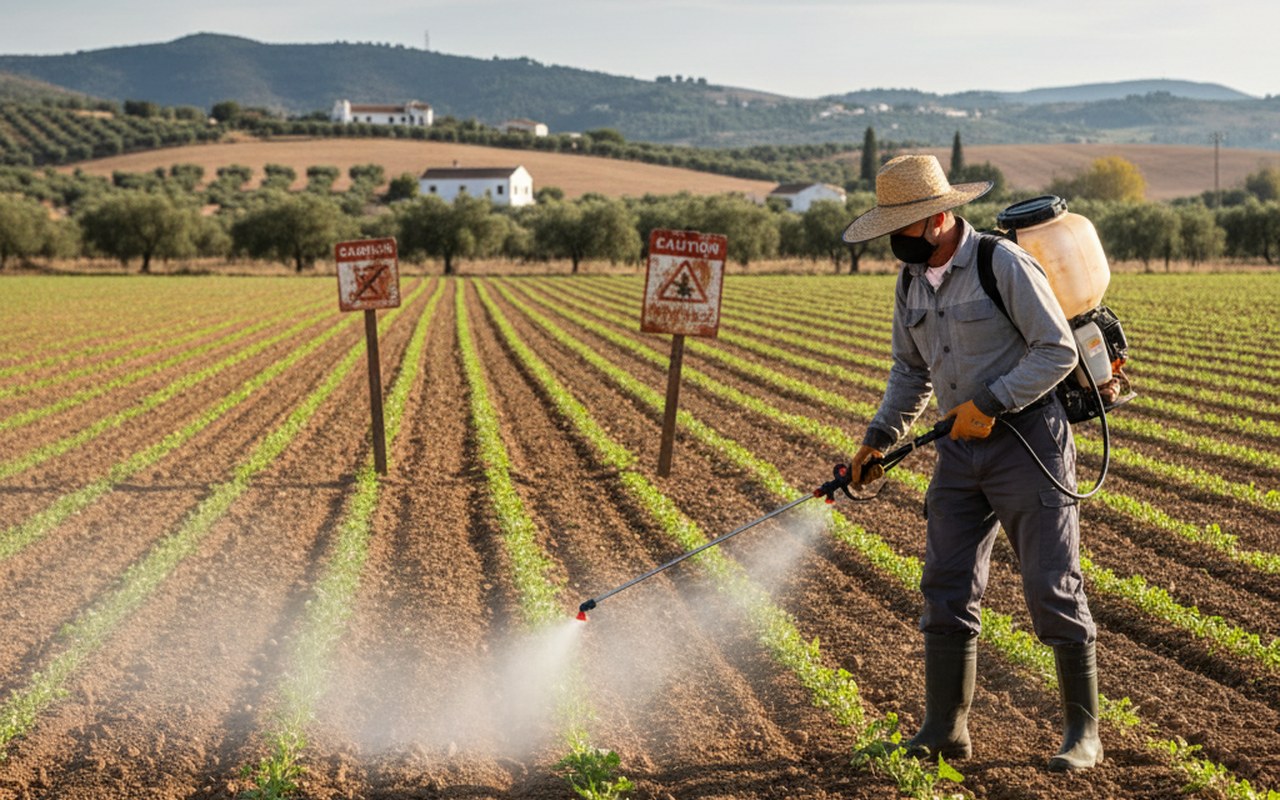 Agriculteur espagnol appliquant du glyphosate dans un champ avec des panneaux de réglementation.