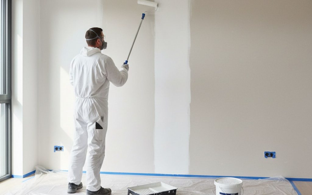 Artisan appliquant une sous-couche sur un mur intérieur pour une finition professionnelle.