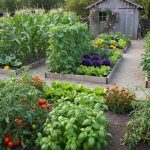 Jardin potager avec associations de légumes comme tomates et basilic.