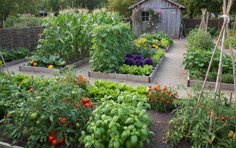Jardin potager avec associations de légumes comme tomates et basilic.