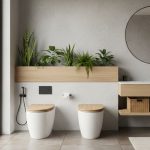 Intérieur moderne avec des toilettes sèches élégantes et écologiques dans une salle de bain minimaliste.