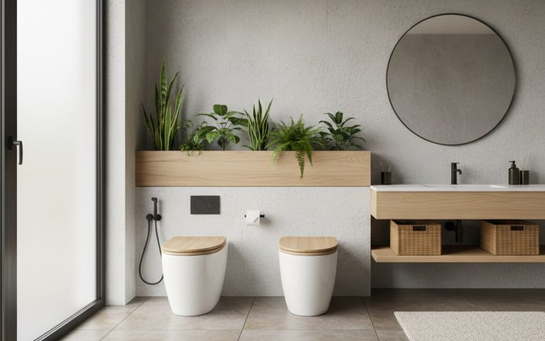 Intérieur moderne avec des toilettes sèches élégantes et écologiques dans une salle de bain minimaliste.