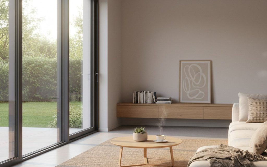 Salon moderne avec fenêtre coulissante en PVC ouverte laissant entrer la lumière du matin.