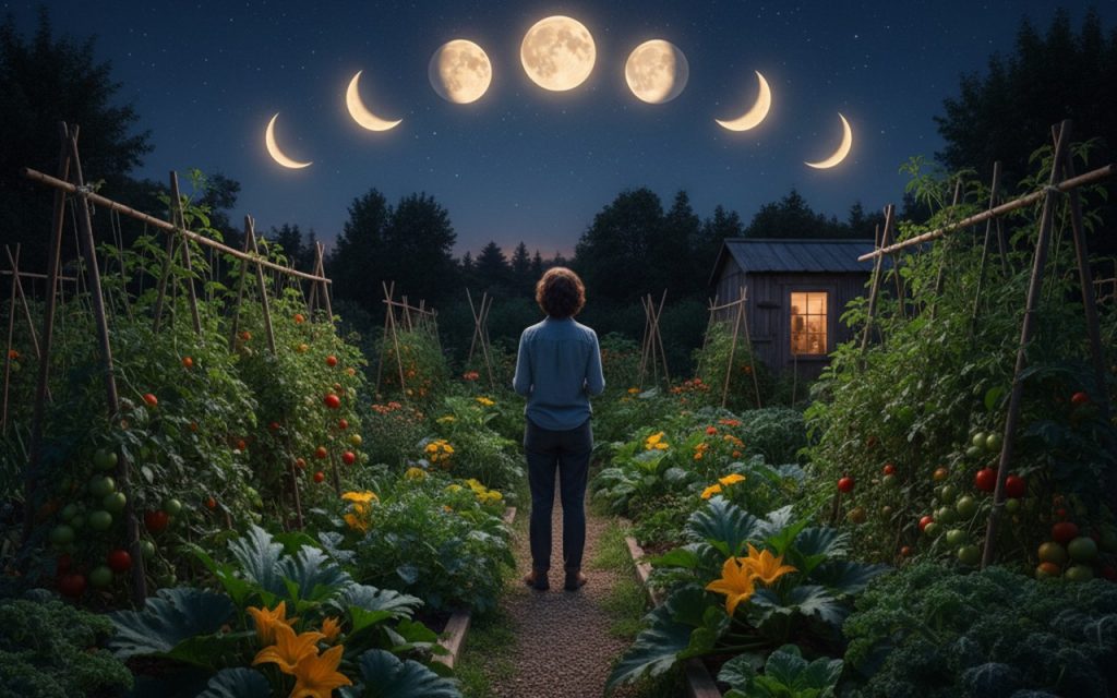 Jardinier observant la lune dans un jardin potager, illustrant le jardinage lunaire.
