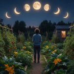 Jardinier observant la lune dans un jardin potager, illustrant le jardinage lunaire.