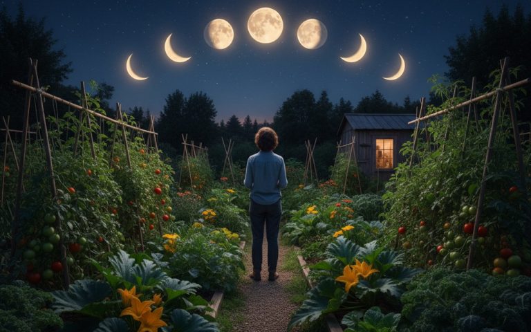 Jardinier observant la lune dans un jardin potager, illustrant le jardinage lunaire.