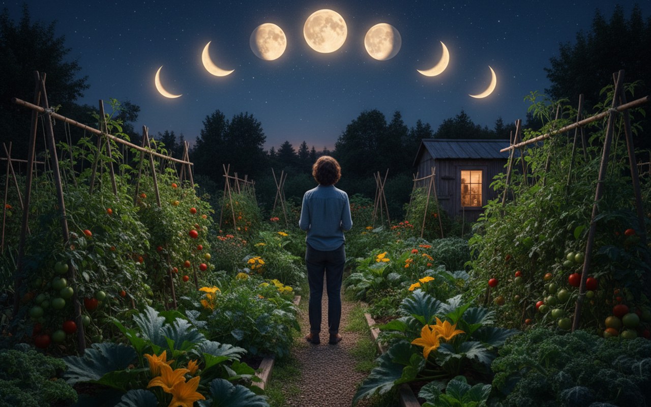 Jardinier observant la lune dans un jardin potager, illustrant le jardinage lunaire.