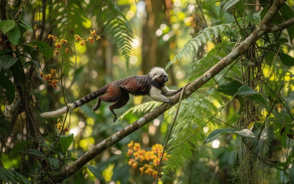 Tamarin à mains blanches dans la canopée d'une forêt tropicale d'Amérique du Sud.