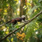 Tamarin à mains blanches dans la canopée d'une forêt tropicale d'Amérique du Sud.
